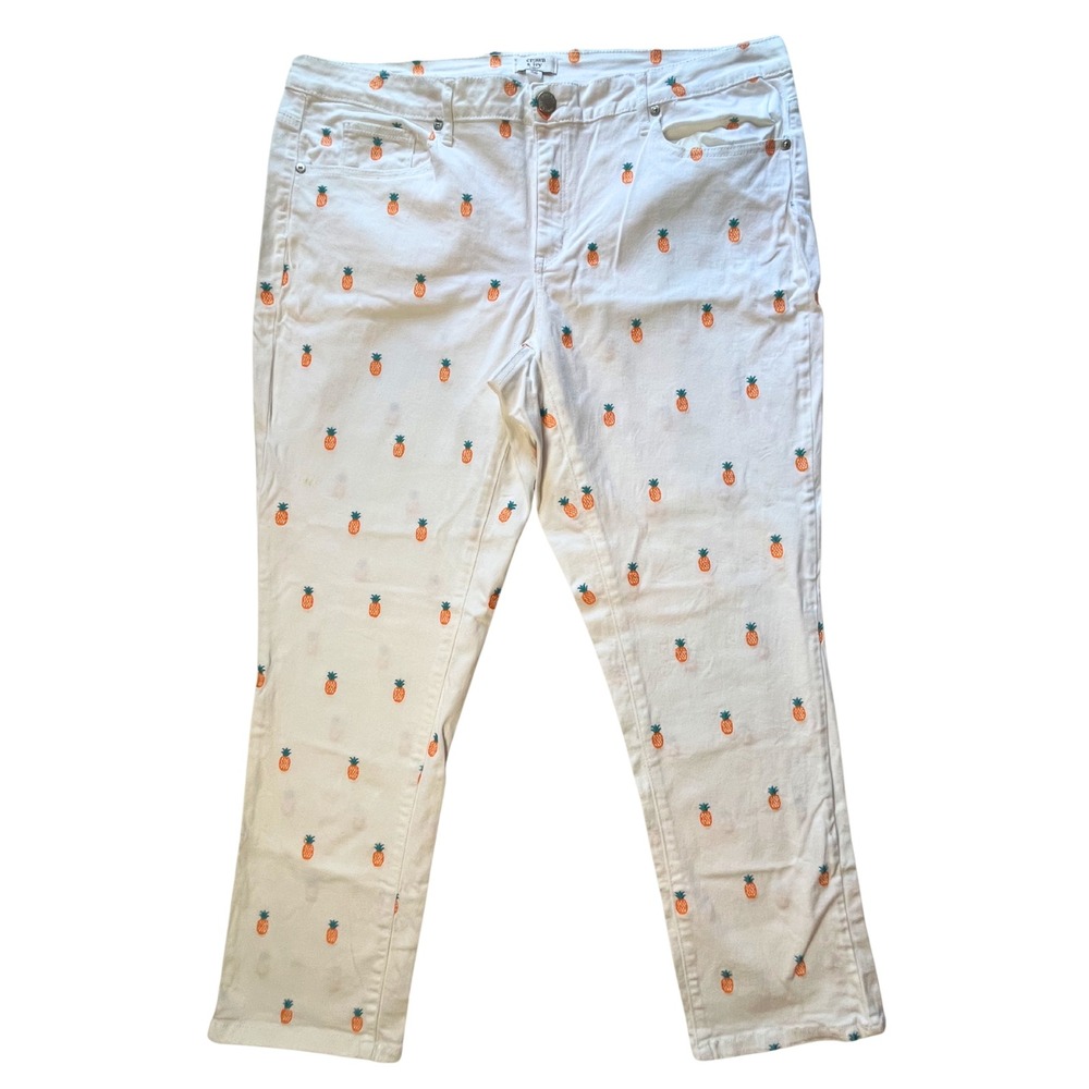 Crown & Ivy Curvy White Pineapple Embroidered Crop Skinny Jeans Plus Size‎ 16W